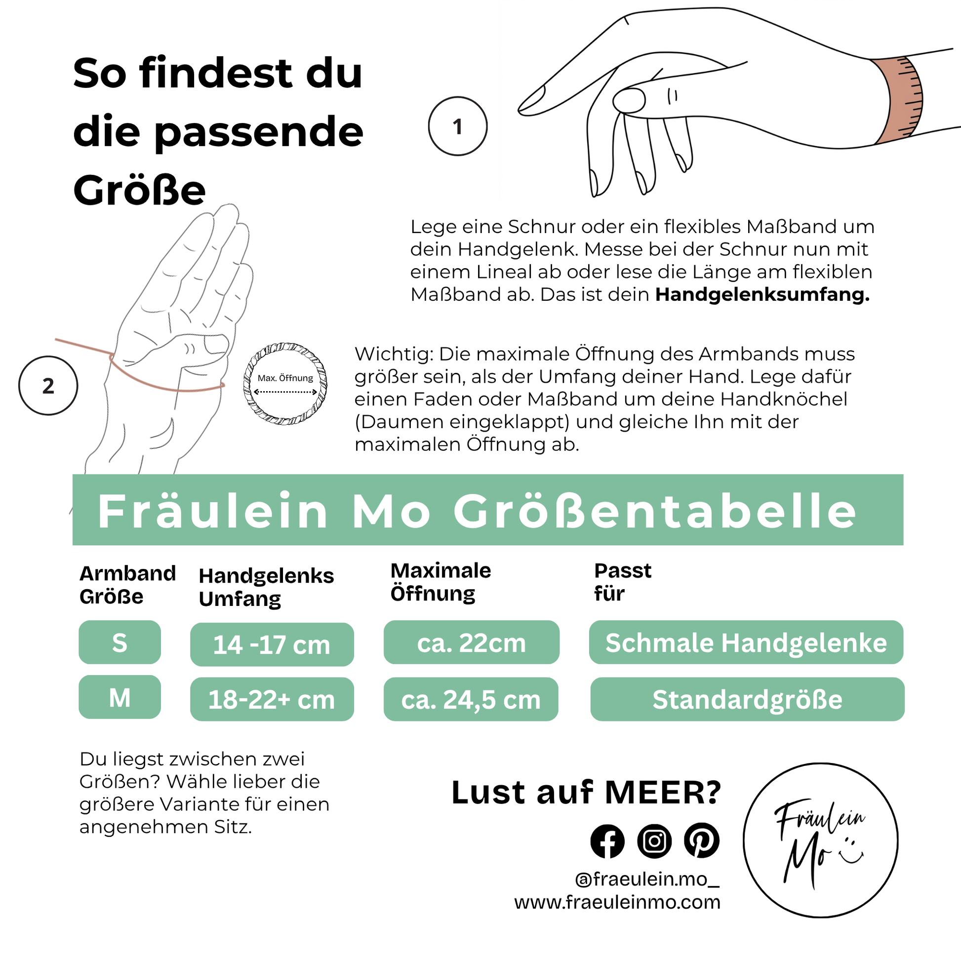 Groessentabelle für die Segeltau Armbänder von Fräulein Mo