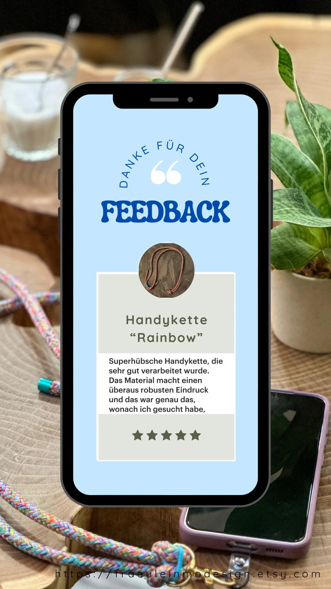 Kundenbewertung mit 5 Sternen für Segeltau Handykette Rainbow von Fräulein Mo