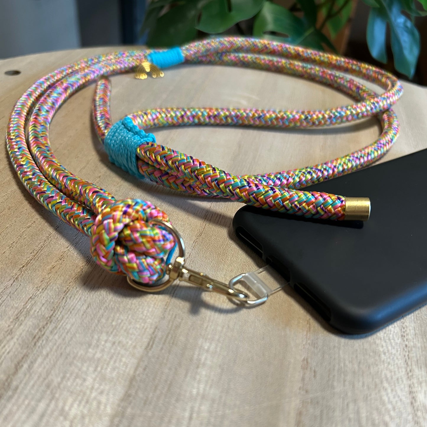 Detailbild des Anschlusses von Handykette und Karabiner an Lasdebuchse