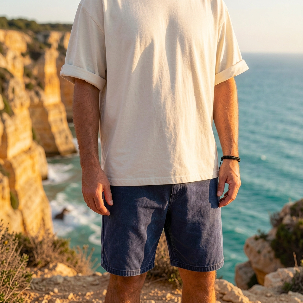 Mann steht auf einer Klippe in Portugal  in weißem Shirt und blauer Shorts und trägt ein schwarzes Armband